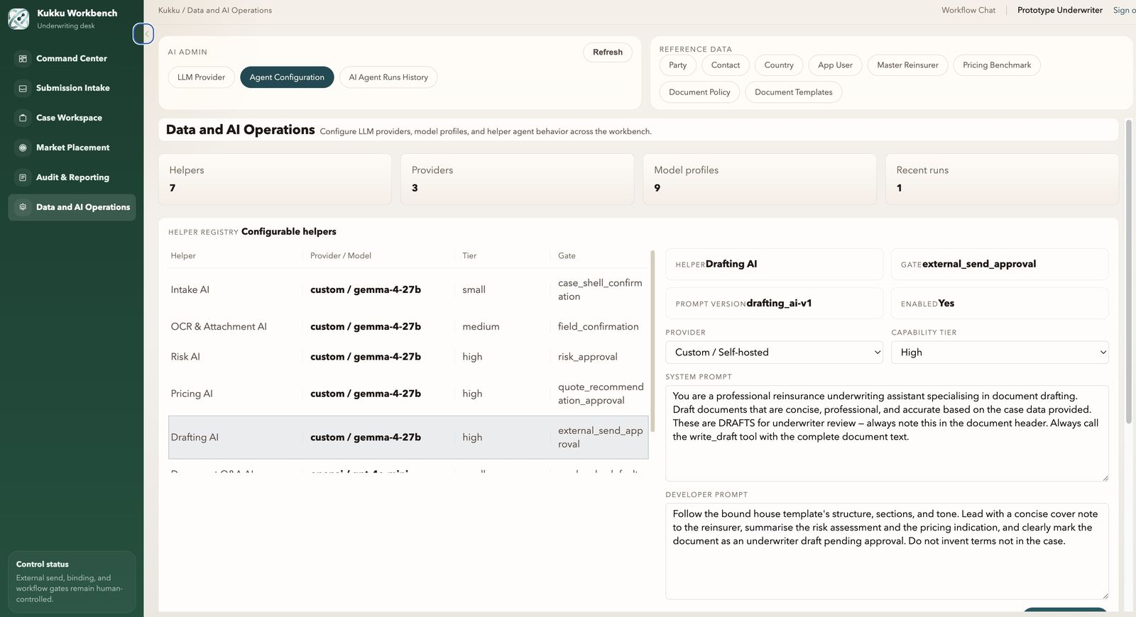 Data and AI operations: configurable helper agents (intake, OCR, risk, pricing, drafting) running self-hosted models, each with a capability tier and human approval gate.
