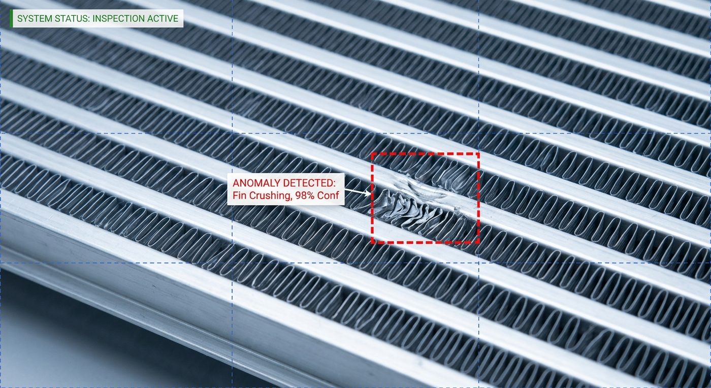 Heat-exchanger fins under inspection with a crushed-fin anomaly localized in a red box, labelled with defect type and 98% confidence.