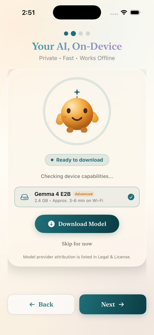 Kukku app onboarding screen showing the Google Gemma 4 E2B model (2.4 GB) ready to download for on-device, offline use