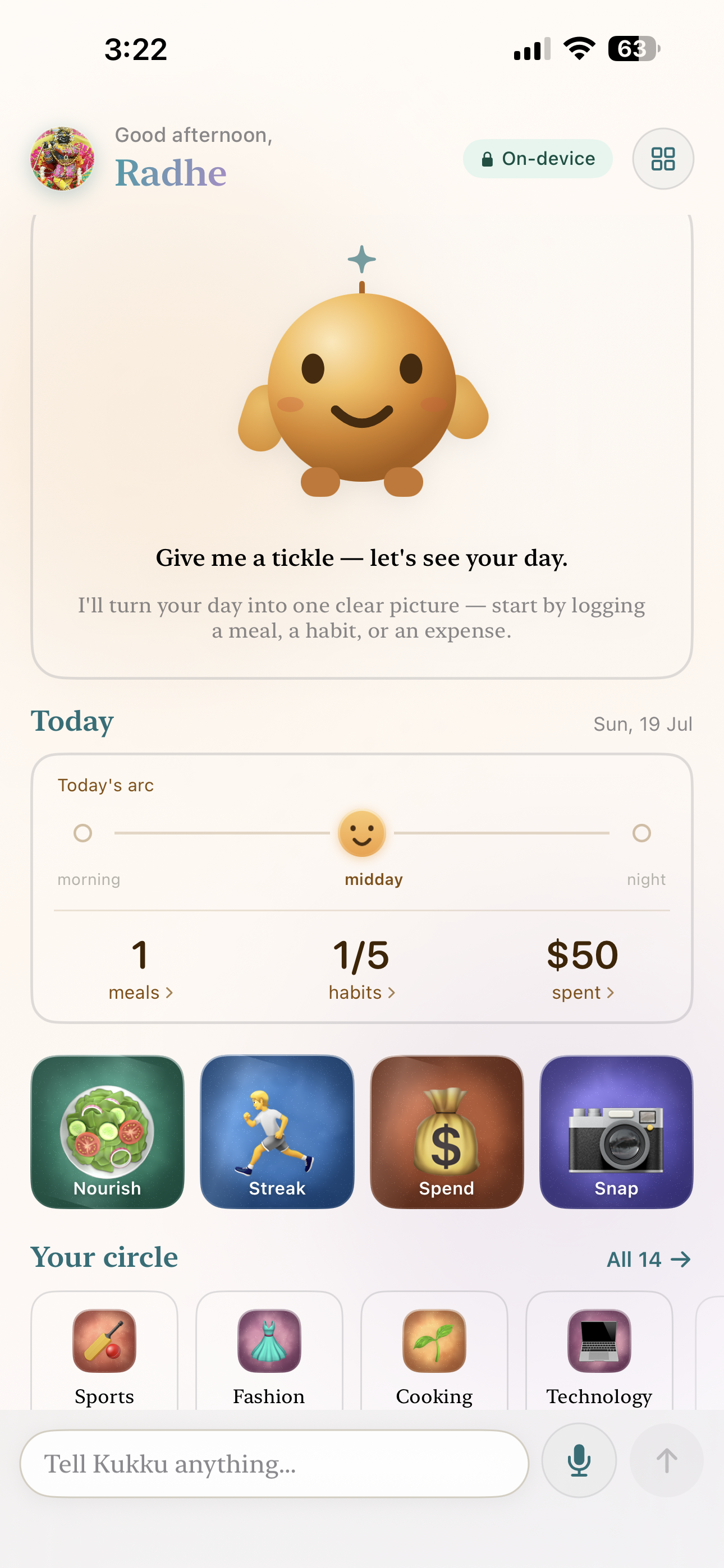 Kukku home dashboard showing the day at a glance